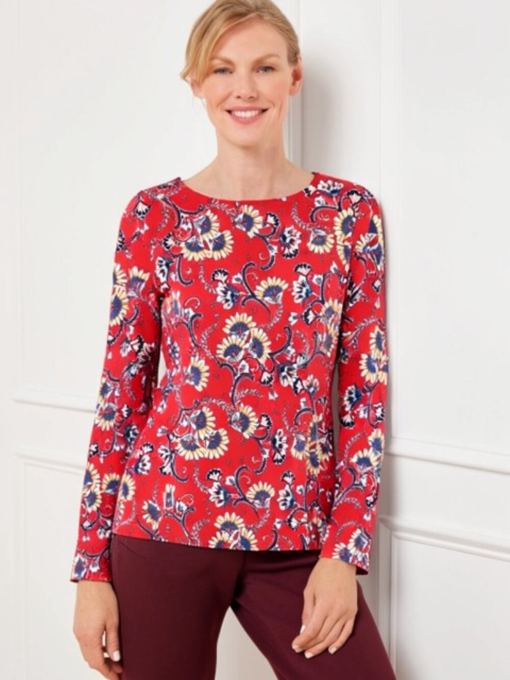 Talbots Womens Top Tee Pullover Long Sleeves Red Floral Print Size M